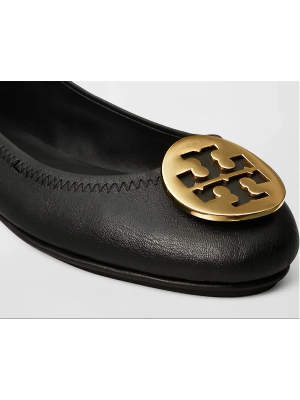 New Tory Burch Minnie Foldable Leather Flats in Black with Gold Logo, Size 8